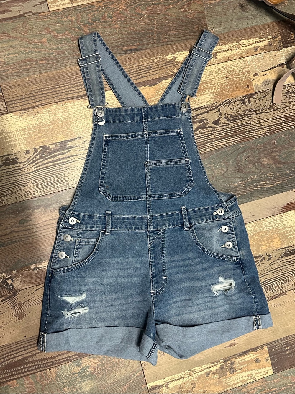 No Boundaries Blue Distressed Denim Short Overalls